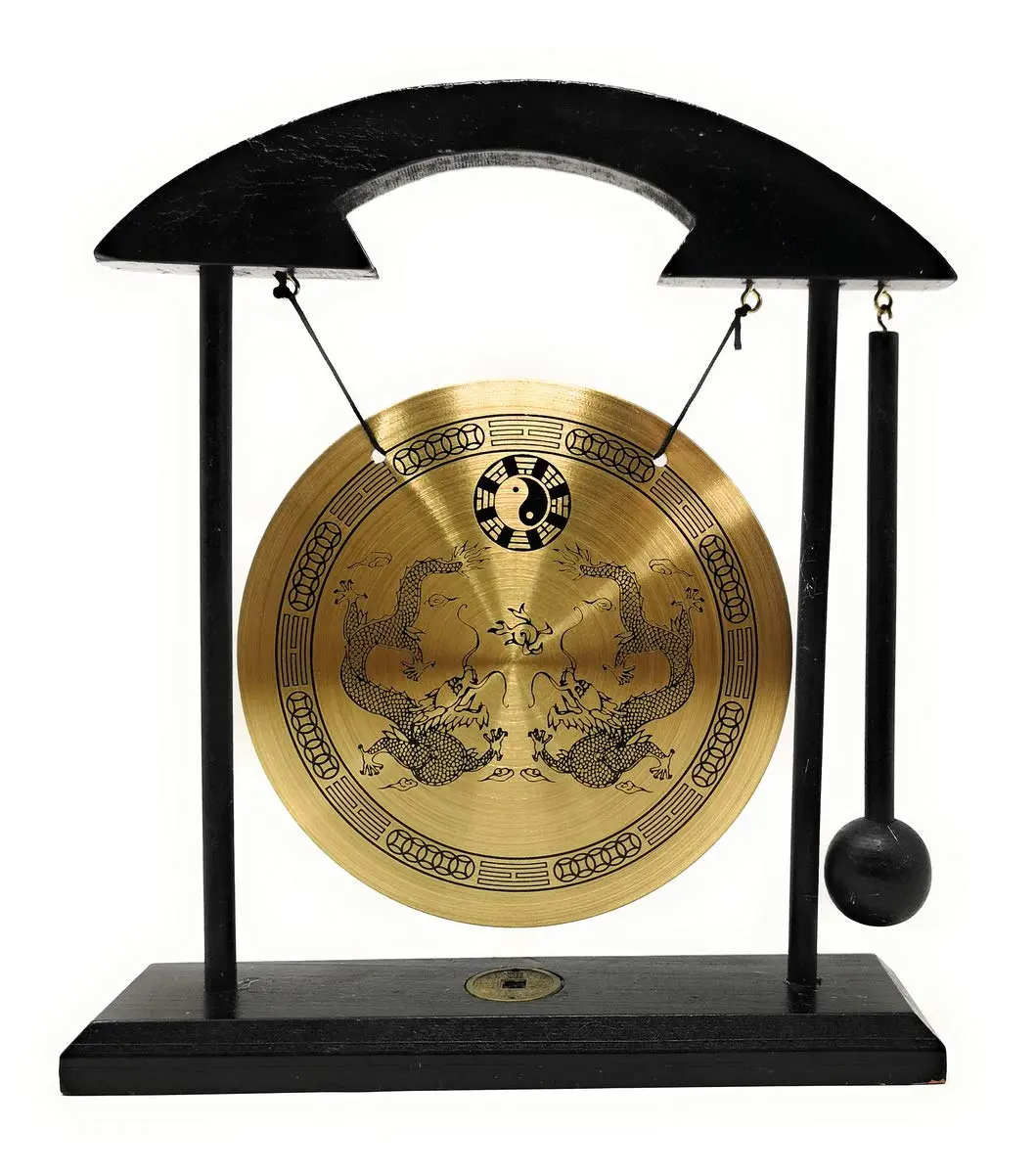 Thy Home Zen Art Brass-Wood Feng Shui Desktop Gong - Chinese-Style Harmony Bells with Calming Sound, Wood Decoration, Zen Ambiance Booster for Office, Ideal Housewarming Gift, Ornaments