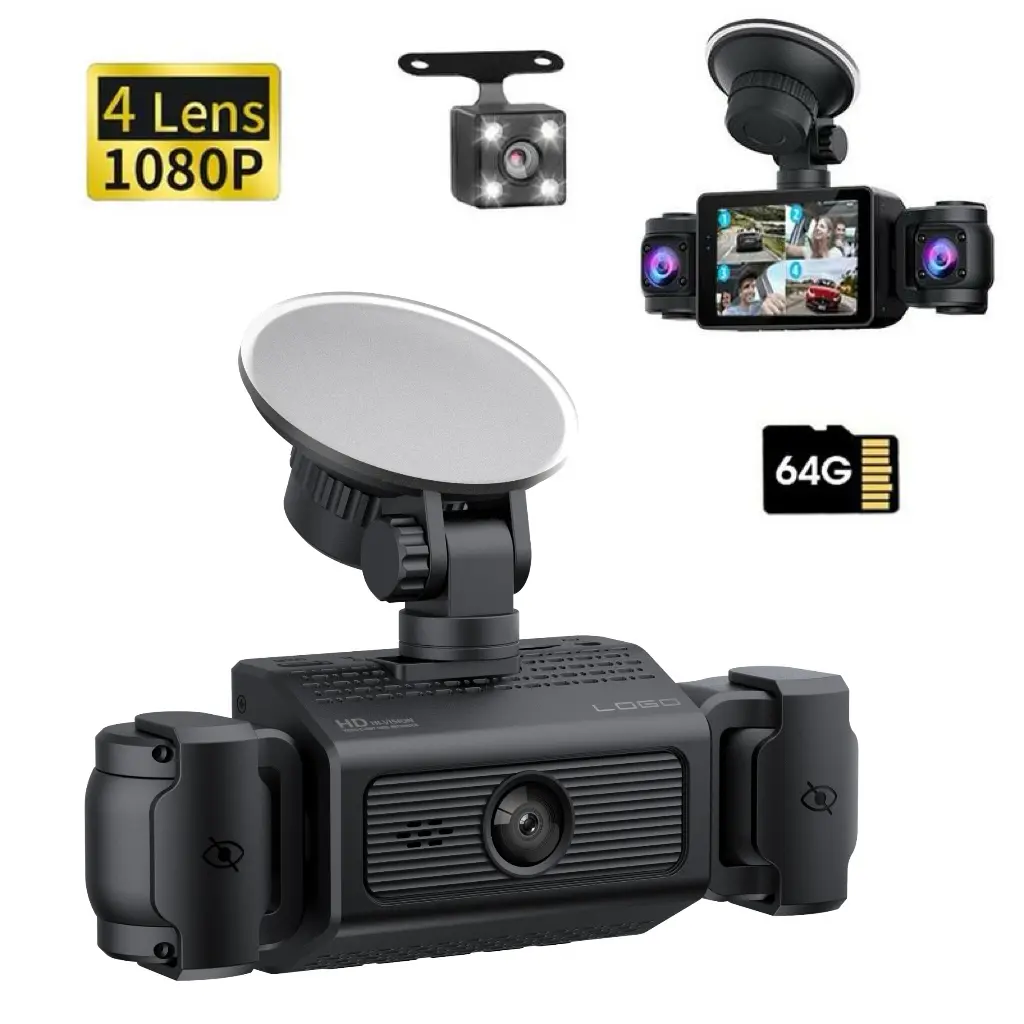 Dash Cam 4 Channel Front and Rear Inside, 360° Car Camera 1080P, Dash Camera Dashcam with 64GB Card,  Night Vision, 24H Parking Mode Car Driving Recorder Automotive Video Recorder