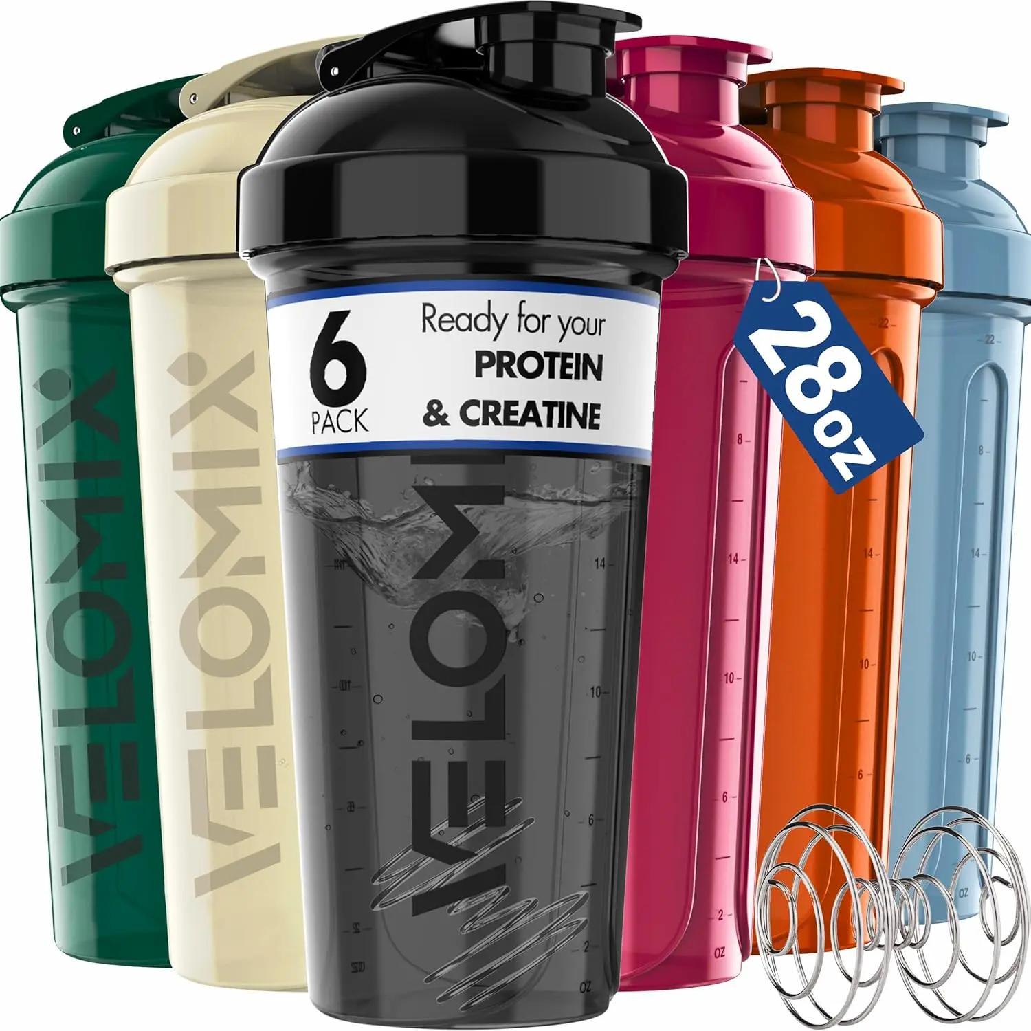 -6 PACK- Shaker Cups for Protein Shakes 28 oz - 6x Wire Whisk | Leak Proof Prot