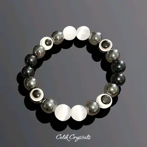 Evil Eye, Selenite, Black Tourmaline, Hematite Bracelet 8 or 10mm Beads Stretches Unisex - Ultimate Protection Bracelet Cleansing