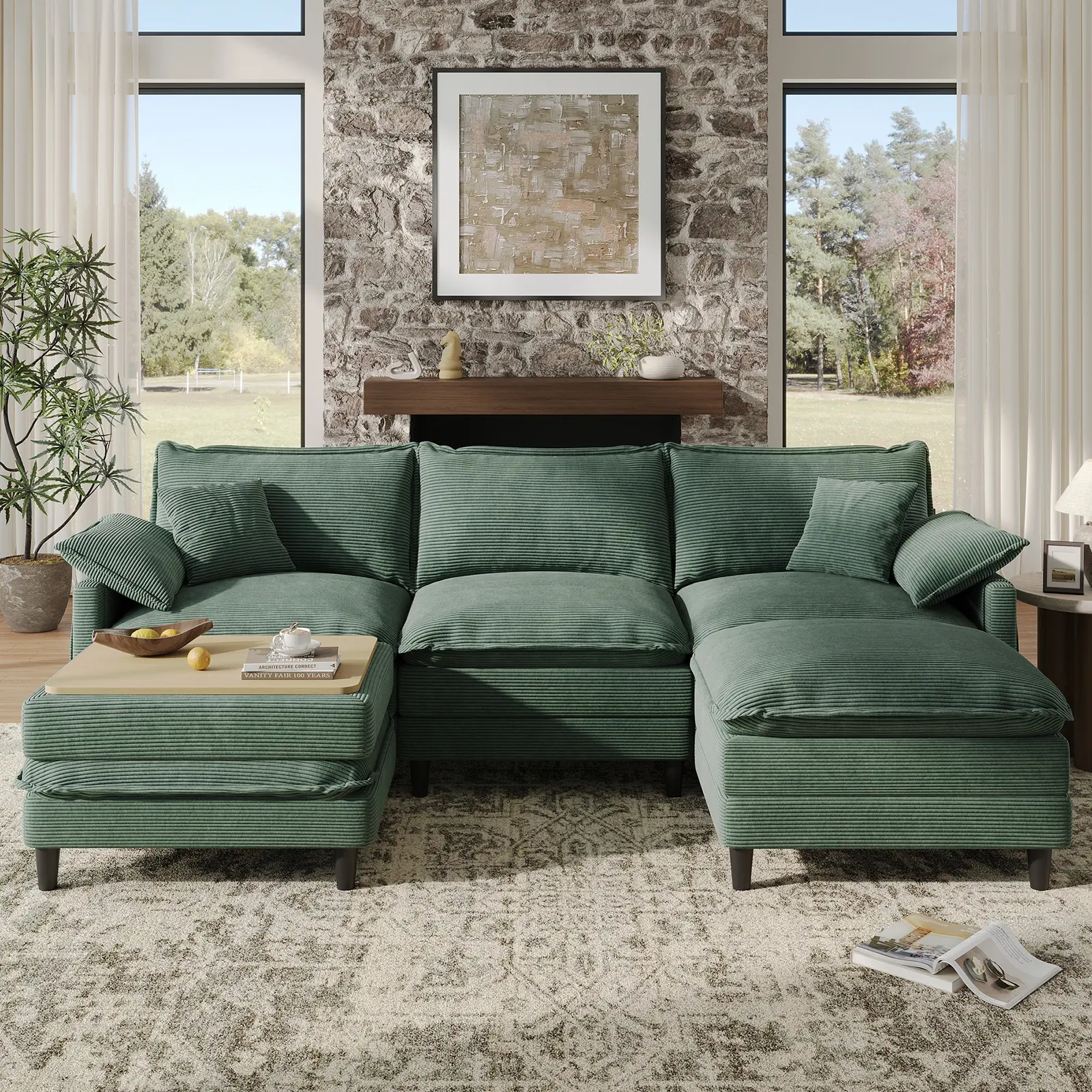 [2-3 Packages Shipping] Copiae 108" -143.7” L/U-Shaped Modular Cloud Sofa, Movable Dual-Function Ottomans Convertible to Coffee Table, Corduroy Sectional Couch with Three-Layer High-Resilience Foam Cushions, Easy Assembly for Apartment