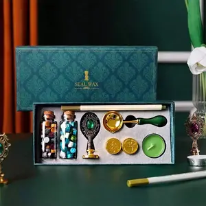 European Vintage Wax Seal Stamp Set, Includes Wax Block Spoon Candle Print Head Handle Color Ink Pen, Gold Plated Copper Stamps, Wax Stamp Kit