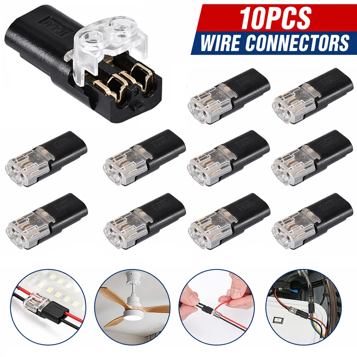 10pcs 2-Pin Waterproof Durable Reliable Cable Wire Plug Terminals, D2 Quick Solderless Crimp Connectors for Home Improvement Lighting Accessories, Car Automotive Speakers, LED Strips