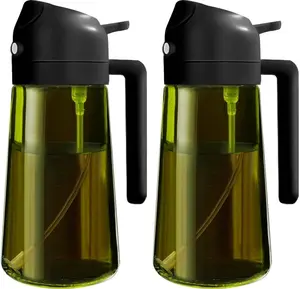 2 Count 2 in 1 Oil Bottle for Cooking 16oz/470ml Light-Blocking Dark (Transparent and Opaque), Olive Oil Dispenser Bottle for Kitchen, Premium Dark Green Glass Oil Bottle, Food-Grade Oil Mister for Air Fryer, BBQ