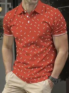 Men's Polo Shirt Short Sleeve, Feather Print Design, Casual Summer Top, Fitted Polyester Fabric, Ideal for Daily Wear & Outdoor Activities