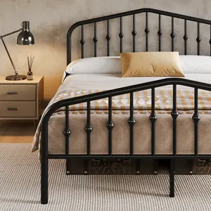 HOOMIC 14 Inches Metal Bed Frame【Frame Only No Mattress】with Victorian Headboard & Footboard, Heavy-Duty Wrought Iron Platform Bed,No Box Spring Needed,Black#SummerVibes