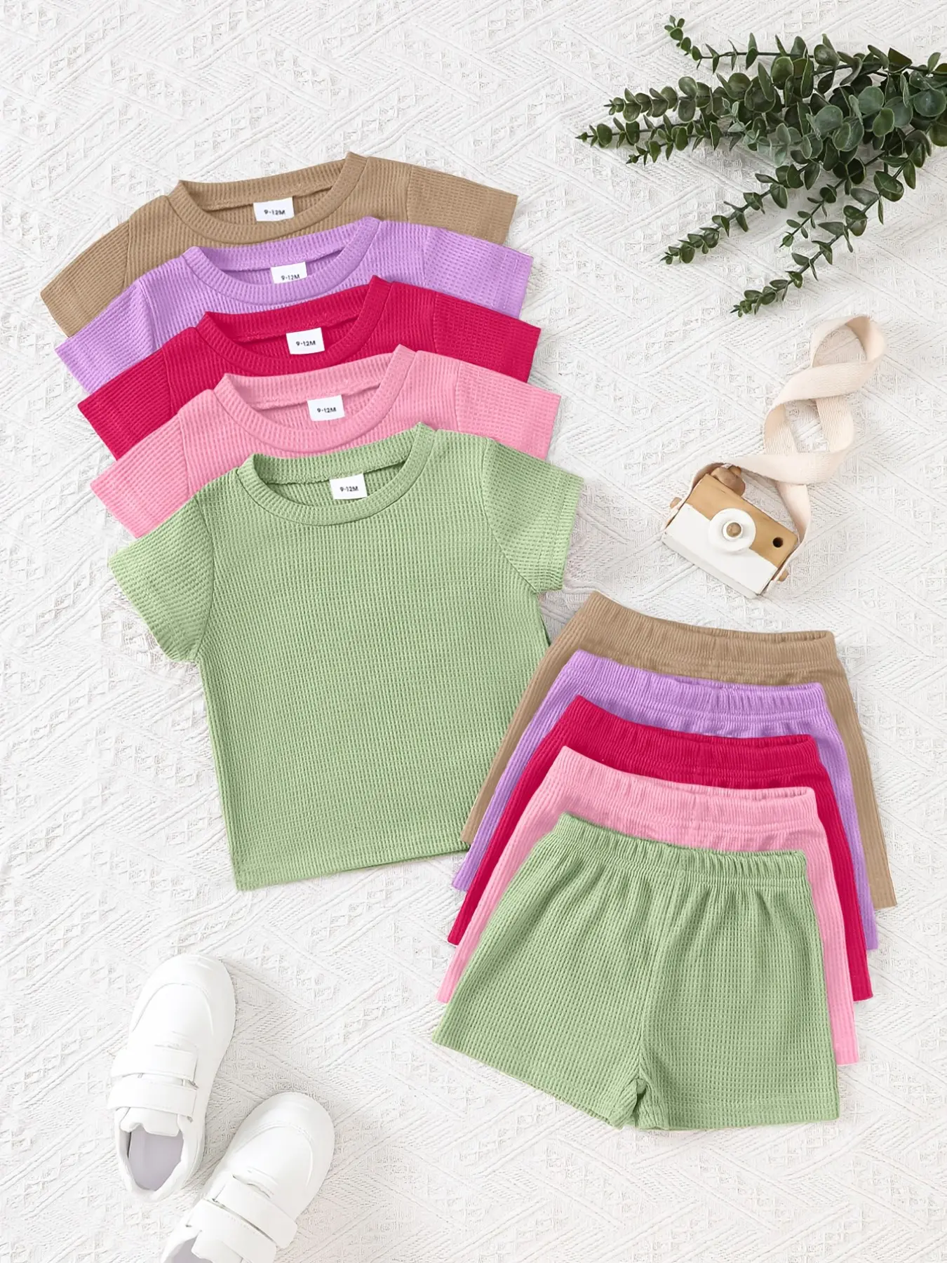 10-Piece Girls' Casual Solid Color Soft Comfortable Waffle Knit Short Sleeve Top & Shorts Set, Knitted Set for Daily Wear, Fashion Summer Clothes Set, Summer Outfits