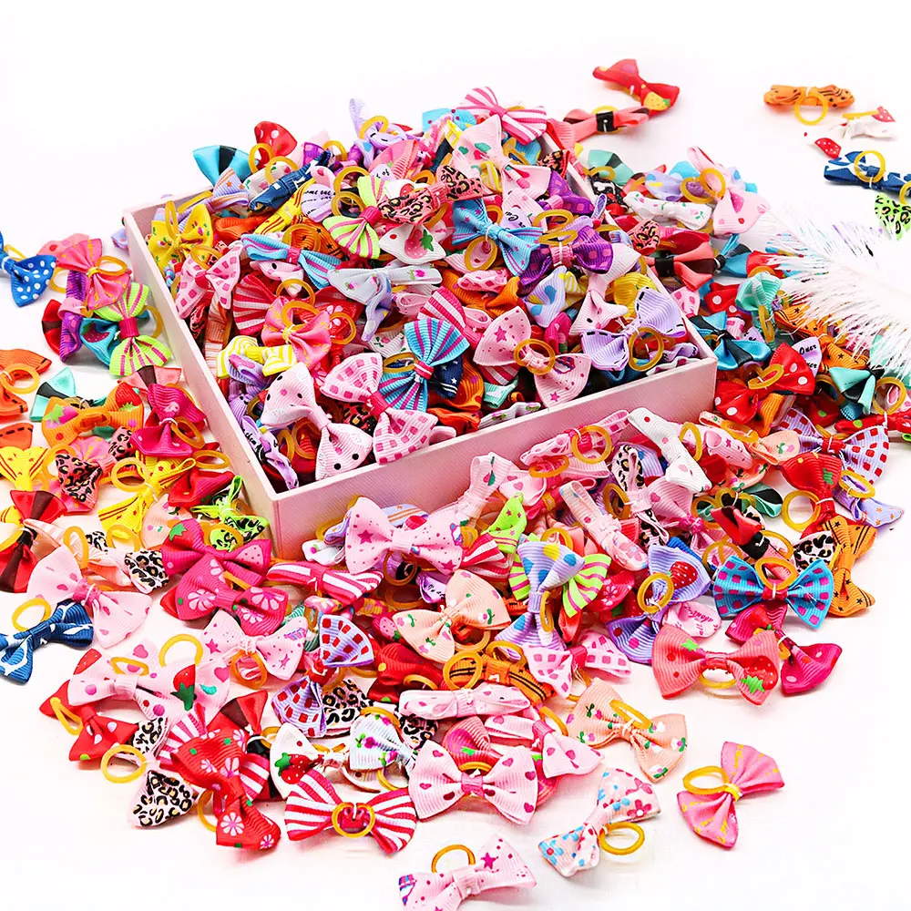 50/100PCS Cute Puppy Dog Small Bowknot Hair Bows,Yorkie Doggie Bows with Rubber Band Pet Grooming Bows Dog Hair Costume Accessories for Small Dog