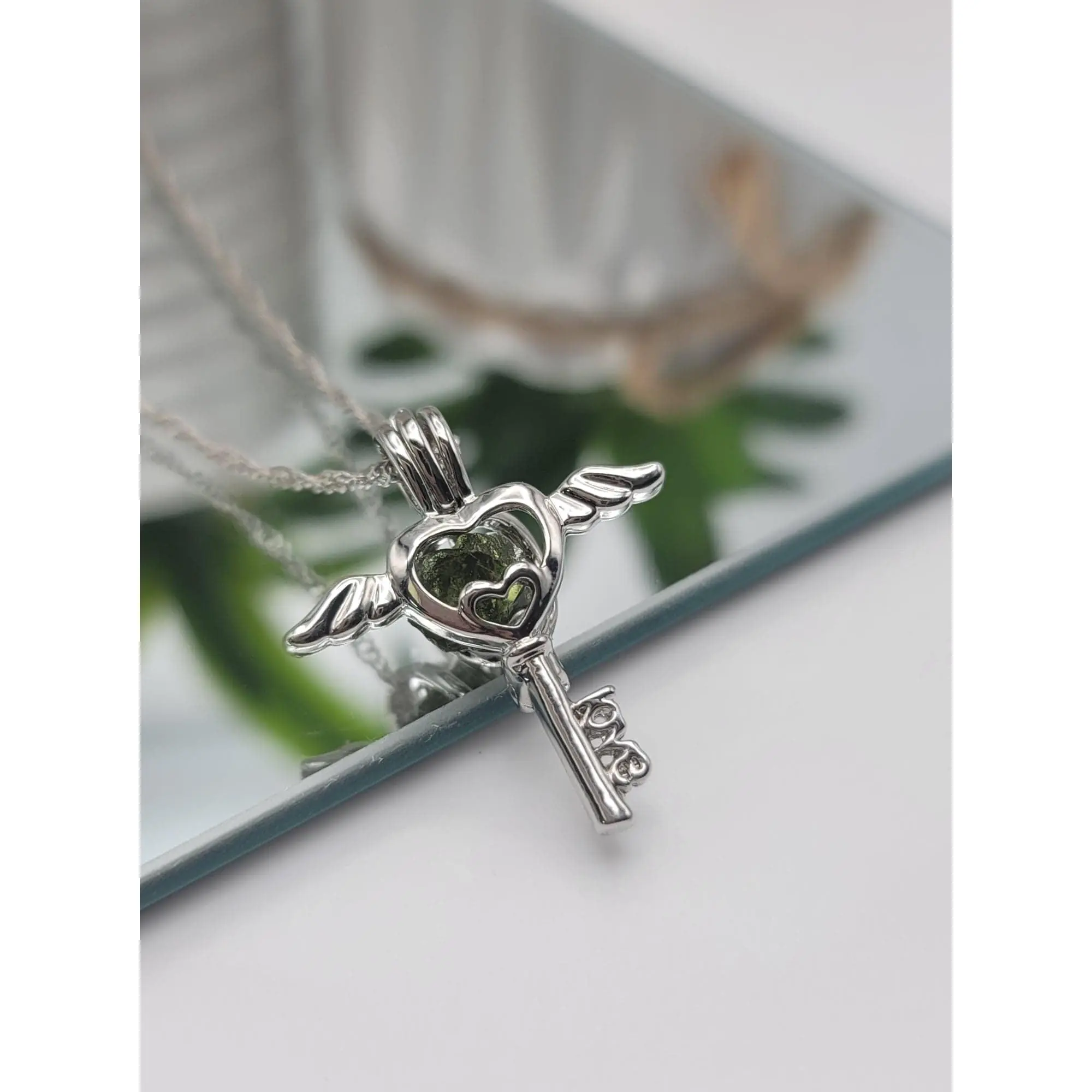 100% Genuine Natural Moldavite Heart Locker Necklace  Silver Tone