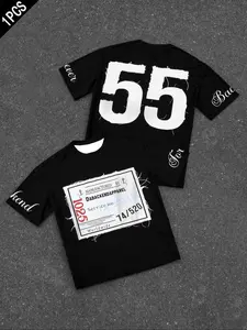 Men's Printed Geometric Short T-Shirt Round Neck Y2K Aesthetic, Bold Back Number 55 Print with Industrial Label Graphic, Skate Youth Style Streetwear, Casual Fit, All Seasons