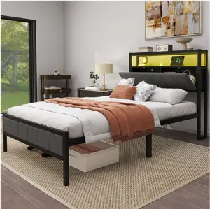 Twin Bed Frame with LED Lights, Power Hub, and Storage Headboard, No Box Spring Needed, Gray