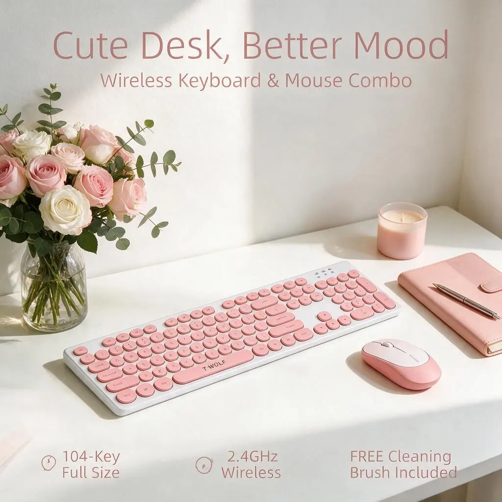 T-WOLF Pink Wireless Keyboard and Mouse Combo, Full Size 104-Key QWERTY Retro Theme Keyboard, 2.4GHz Wireless, Round Keycaps, Plug & Play, Free Brush, PC Support, Home Office Use, Full Size Qwerty