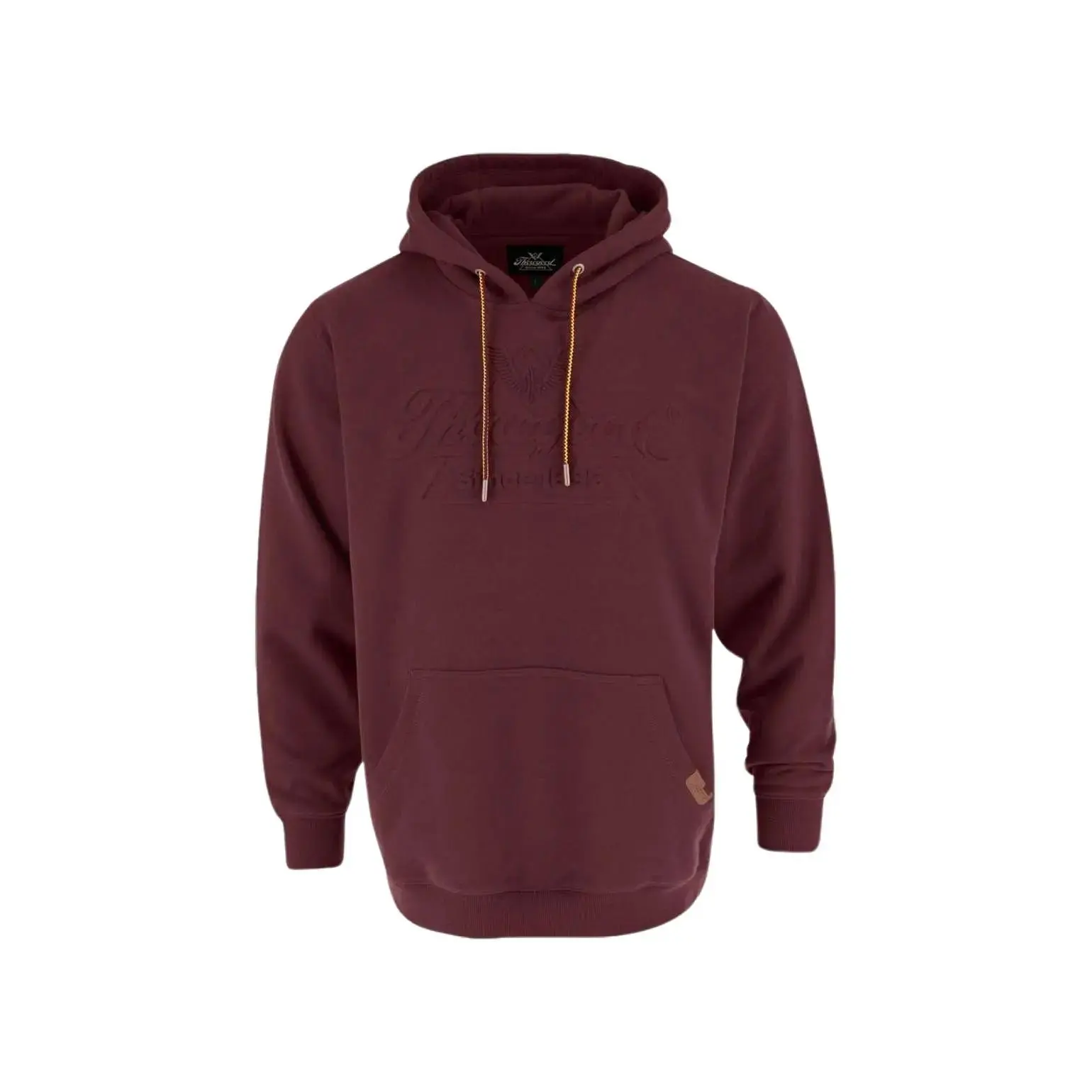 Thorogood Men's Heavyweight Outdoor Hoodie, Brushed Cotton Blend Pullover with Embossed Logo, Leather Accent, and Rib Trim, Low Iron, French