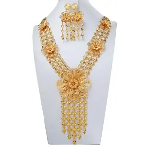 Women's Filigree Floral Motif Tassel Elegant Jewelry Set - Adjustable Chain Earrings with Dangling Drops, Regal Exquisite Bridal Evening Wear Costume Accessory