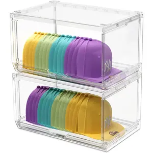 2 Pack Large Hat Organizer Box, Stackable Clear Baseball Caps Holder Box Containers with Sliding Door for Snapback Cap Storage, Hat Rack Display Case, Holds 20 Hats Each -Clear