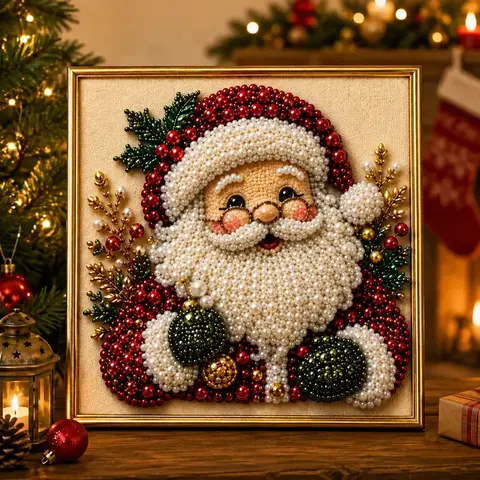 Classic Festive 3D Santa Pearl-Diamond Art Hobbies Kit for Unisex Adults - Unframed with Printed Frame Effect, Entry-Level DIY Craft Supplies, Christmas Gifts, Pearl Beads for Tabletop/Wall Display