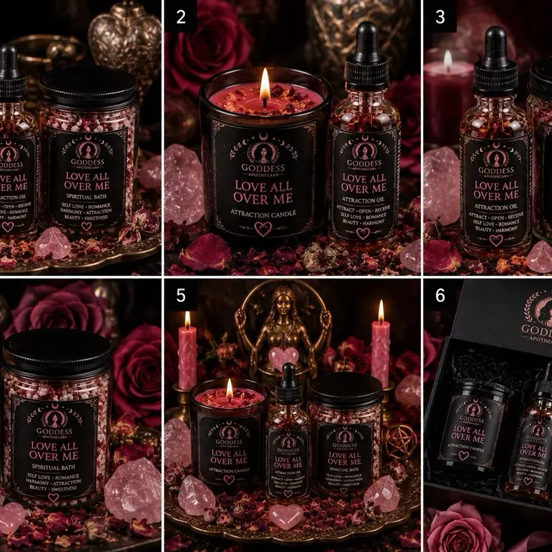 Goddess Apothecary Love All Over Me Complete Collection - Fragrance Candle, Aroma Oil, Spiritual Bath Supplies, Light Scent Flower Freshener for Home Decor Lavender Scented spring flowers🌸 FallWinter Liquid Relaxing Fall Spiced versatile Blueberry Cheesec