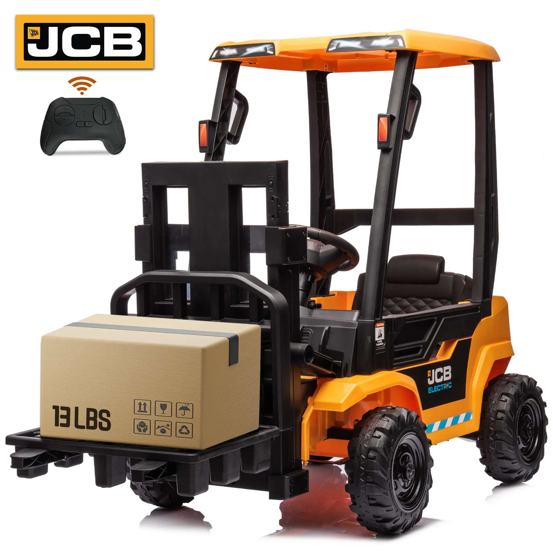 NEECHIPRO JCB Logo 12V Rechargeable Battery Unisex Kids' Ride-On Construction Forklift, Electric Liftable Fork, Remote Control, Spring Suspension, 1.2-2.5mph Speed