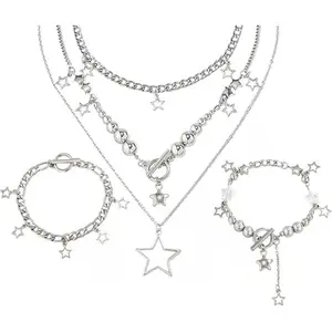 2 Packs Silver Star Necklace Y2K Jewelry Set Grunge Necklace Kawaii Cute Necklaces Aesthetic Vintage Emo Jewelry