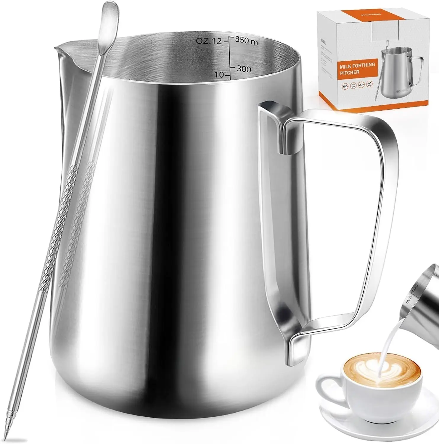 Milk Frothing Pitcher, 12oz/350ml Stainless Steel Steaming Pitcher Barista Milk Frother Cup Jug for Espresso Machine Coffee Cappuccino Latte Art -