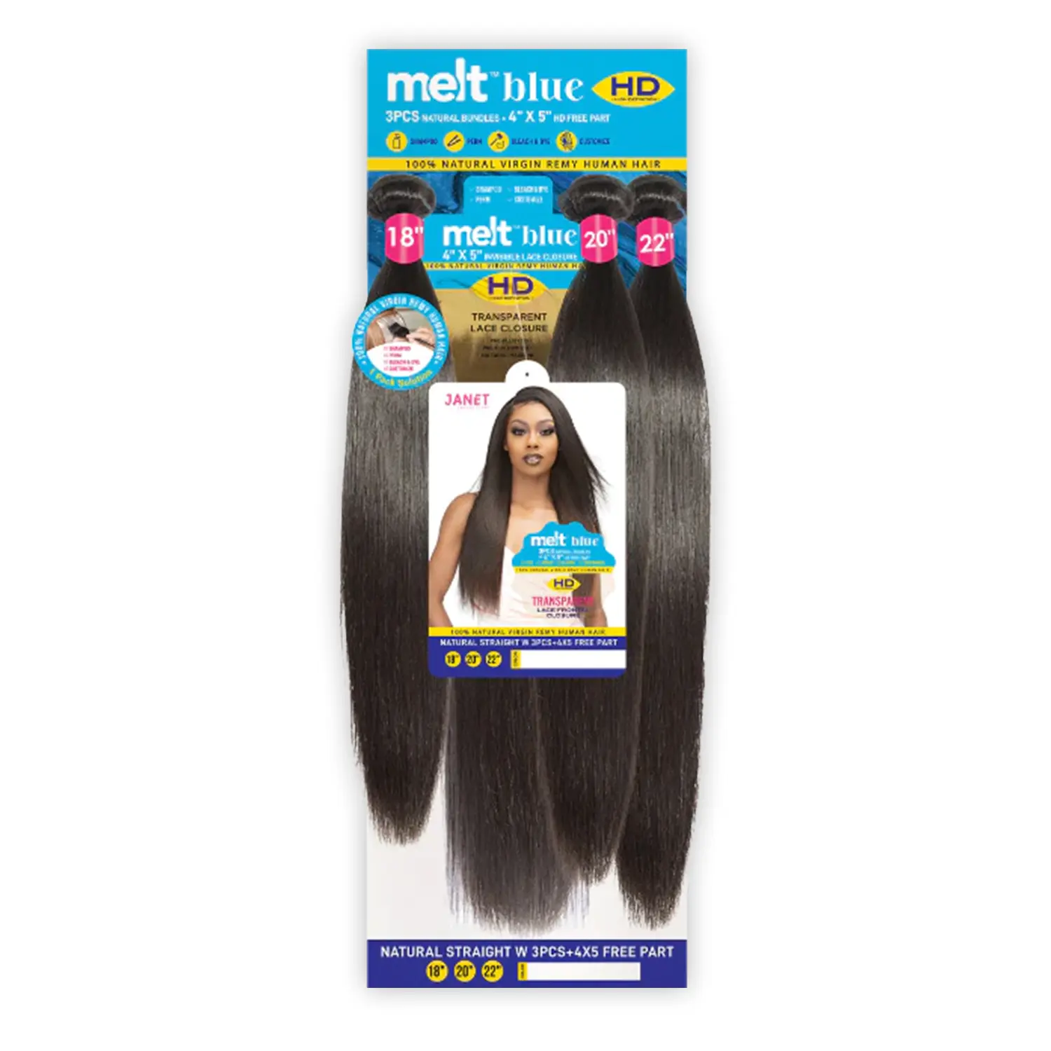 Janet Collection Premium Unisex 100% Virgin Remy Invisible Hair Weave Extensions - Melt Blue Natural Straight, 3pcs Set with 4x5 HD Transparent Lace Frontal Closure, 4x5 Lace Parting Space & Baby Hairs, Invisible Human Hair, Premium Human Hair