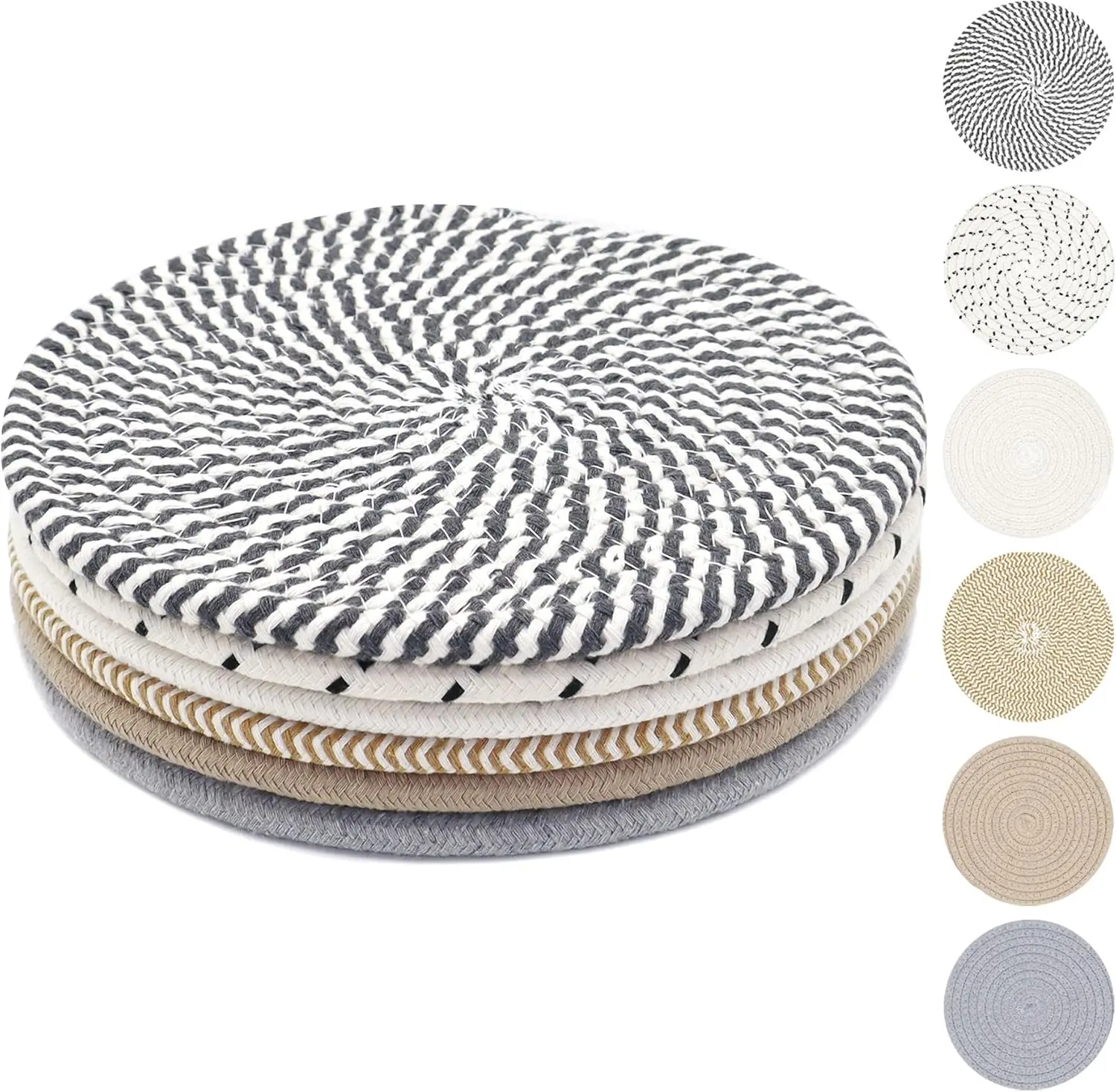 Boho Farmhouse 6-Piece 8-in Diameter Woven Cotton Rope Mats - 0.3-in Thick Heat-Resistant Insulation Pads for Dining Table, Kitchen Countertops, Hot Dishes, Pots