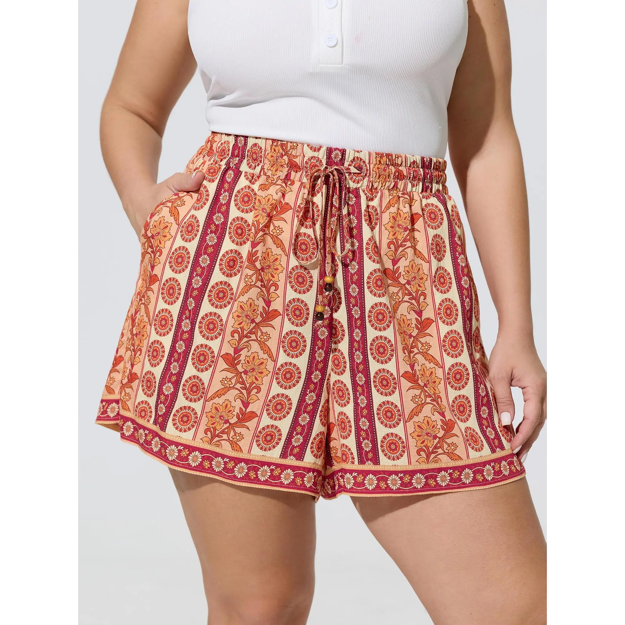 BloomChic Women's Plus Size Boho Ethnic Floral Shorts, Smooth Multicolor Rayon Blend with Mid Rise Drawstring Waist, Bottoms, Fabric, Garment, Nylon, Pocket, Bohemian, Fit, Clothes, Floral Print, Casual Wear, Side Pocket