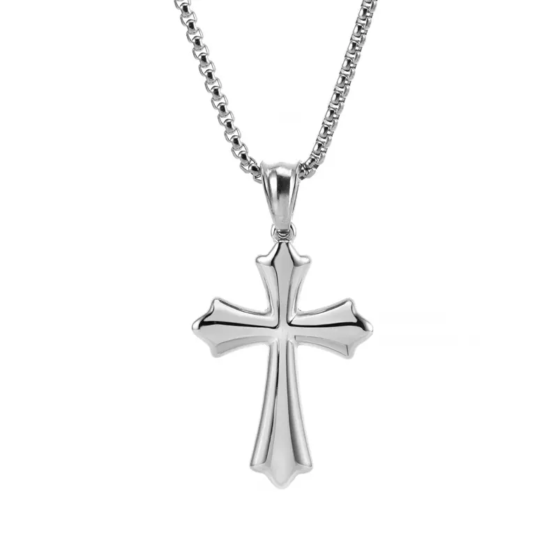 Silver-Tone Steel Cross Pendant Necklace for Men & Women, Sculpted Flared Cross Chain, Minimalist Faith-Inspired Everyday Fashion Jewelry