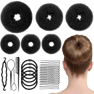 Hair Bun Maker Set - 6 PCS Ring Style Donuts (1 L, 2 M, 3 S), Shaper, 20 Pins, 5 Elastics, 4 Pony Tools for Women & Girls (Dark Brown)