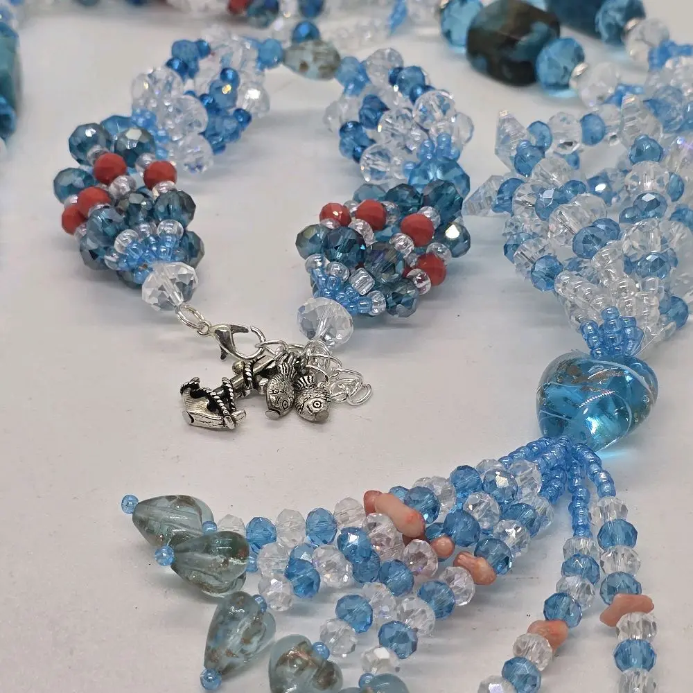 Yemaya Asesu Pulsera and Collar Beaded Necklace with Blue Beads and Silver Accents