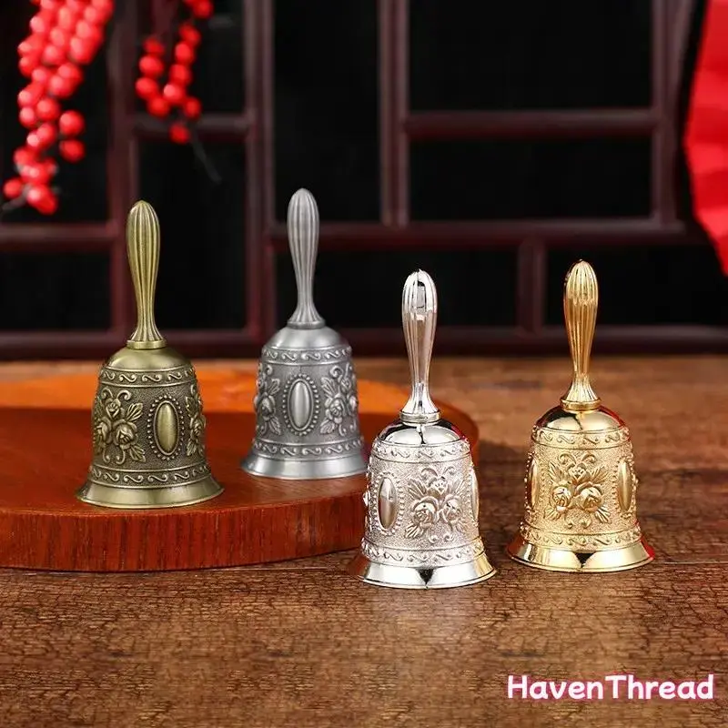 HavenThread Vintage Brass Handbell, Hand-Engraved Floral Design, Striped Handle, Clear Sound, Traditional Decoration for Home & Religious Ornaments, Retro Room Decorations Gift Idea Antique Decorative