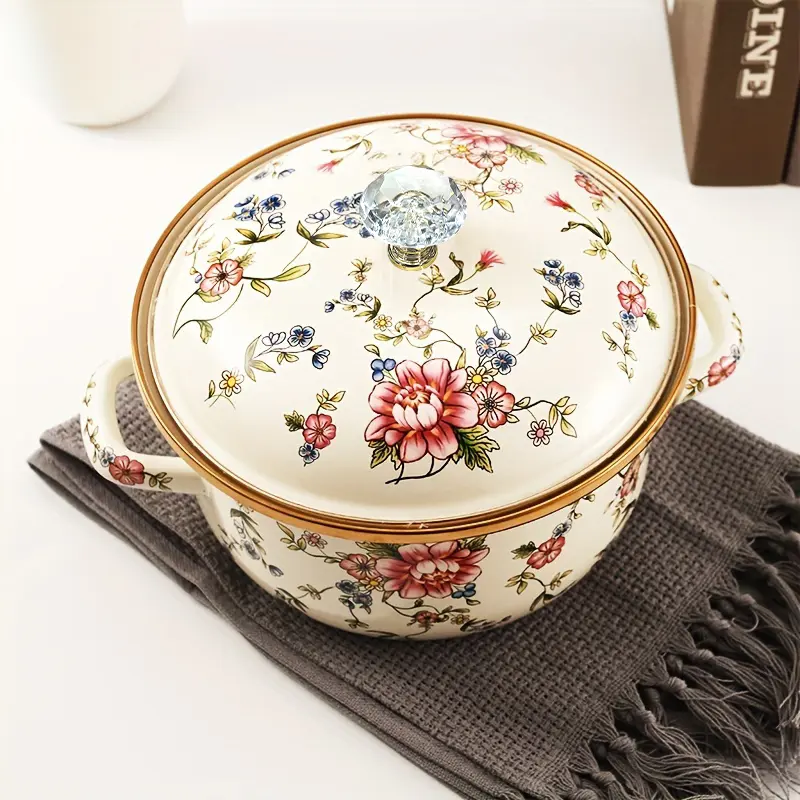 Thick Enamel Ceramic Double-Safe Handles Soup Pot with Lid - 84.55oz Heat-Resistant Cookware, Floral Print, for Small Families, Romantic Meals, Simmering Meats, Boiling Pasta, Home Kitchen, Electric/Gas Stove Compatible, No Power Supply Needed