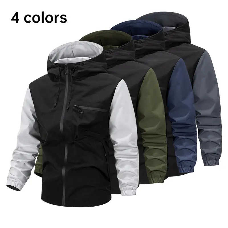 Men’s lightweight hooded windbreaker jacket, color-block outdoor shell jacket with a sporty design—ideal for city commuting and casual wear; suitable for sports, outdoor travel, hiking, cycling, and mountaineering.