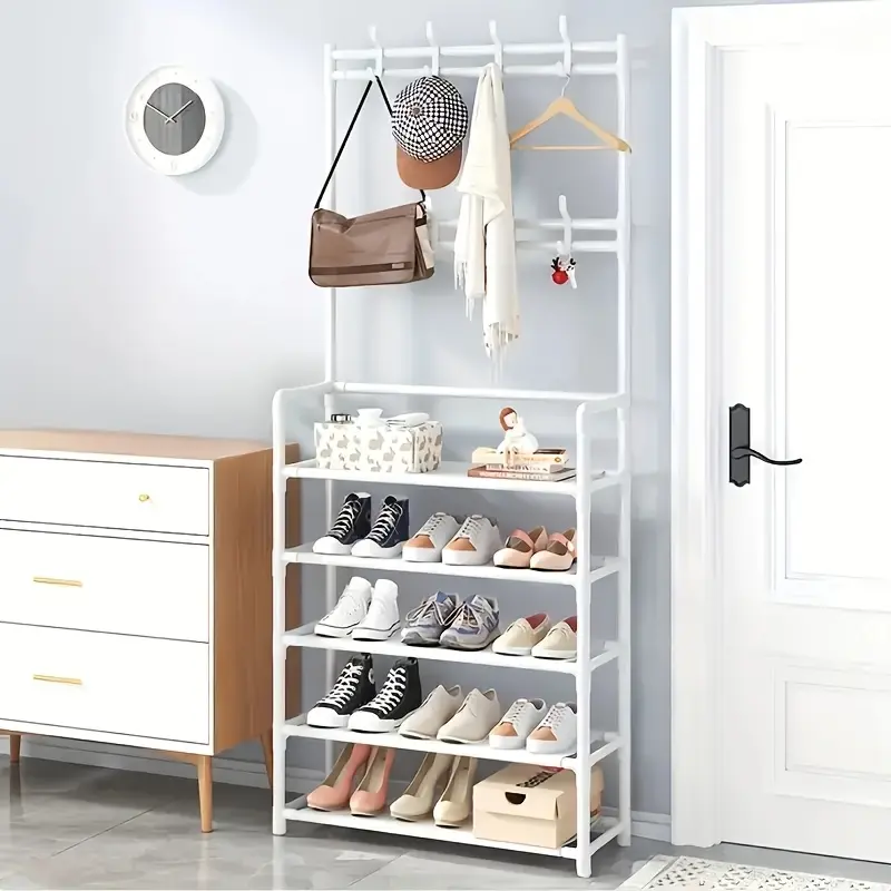 5-Layer Freestanding Garment Rack, Entryway Coat & Shoe Organizer, Heavy-Duty Metal Floor-Mount Space Saver, 8 Double-Sided Hooks, Easy-Setup Closet Organization Unit for Offices, Small Apartments, Entryway Coat Rack, Shoe Rack Organizer