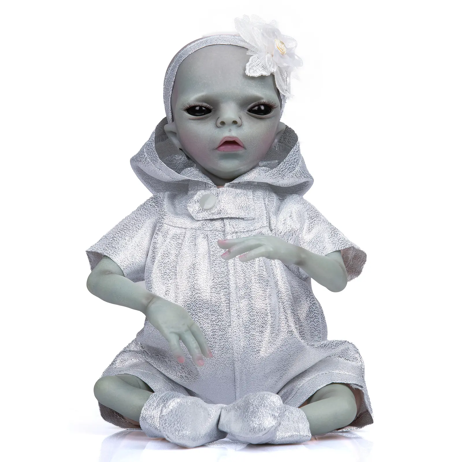 14" Unisex Alien Reborn Baby Doll - Cloth & Vinyl Body, 3/4 Poseable Limbs, Silver Space Outfit, Flower Headband - Space Themed Collectible Doll for Halloween Props