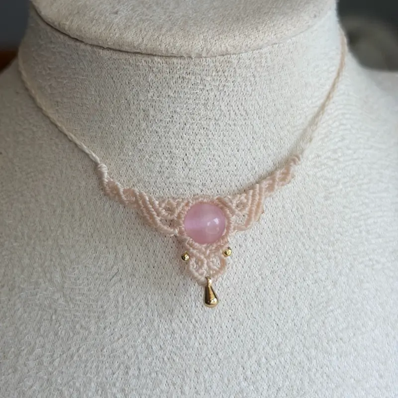 Handmade macrame necklace with rose quartz