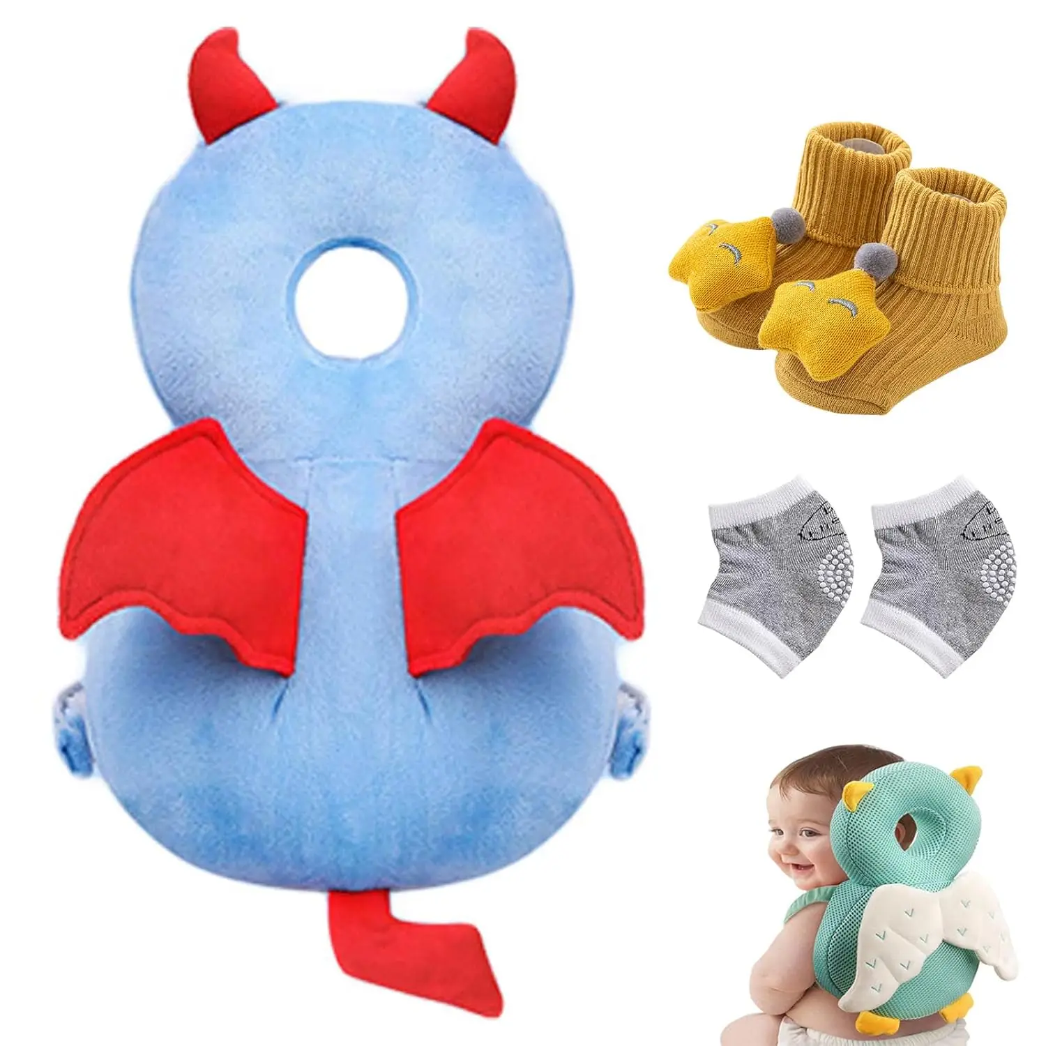 Adjustable Soft Backpack with Crawling Pillow – Baby Head Protector with Knee Pads & Socks, Toddler Head Protection Cushion for Crawling & Walking, In