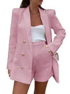 Womens 2 Piece Tweed Blazer Shorts Sets Long Sleeve Double Breasted Suit Jackets Business Outfit