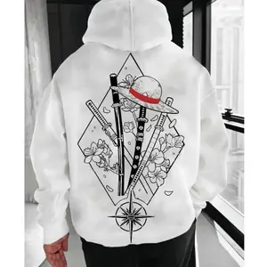 One Piece Manga Hoodie, Minimalist Manga-Inspired Sweatshirt, Iconic Straw Hat Design, Perfect for Anime Enthusiasts, Classic Cotton Menswear Top U 9
