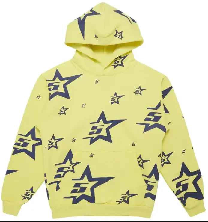 Sp5der 5Star Yellow Hoodie Ver.2, Y2K 5Star Graphic Pullover, Hip Hop Streetwear Sweatshirt, Casual Hoodie for Men & Women