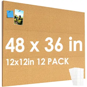 MaxGear Large Cork Board for Wall 48" x 36", 12 Pack Cork Board Tiles with 40 Pushpins & Safe Removable Adhesive Tabs, 12" x 12" Corkboards for Office, School & Home