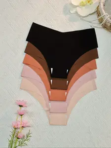 Women's Seamless Solid Invisible Smooth Breathable Fit Low Waist V-Shape Bikini Panties, 5 Pack Casual Sporty Yoga Everyday Underwear for All Seasons