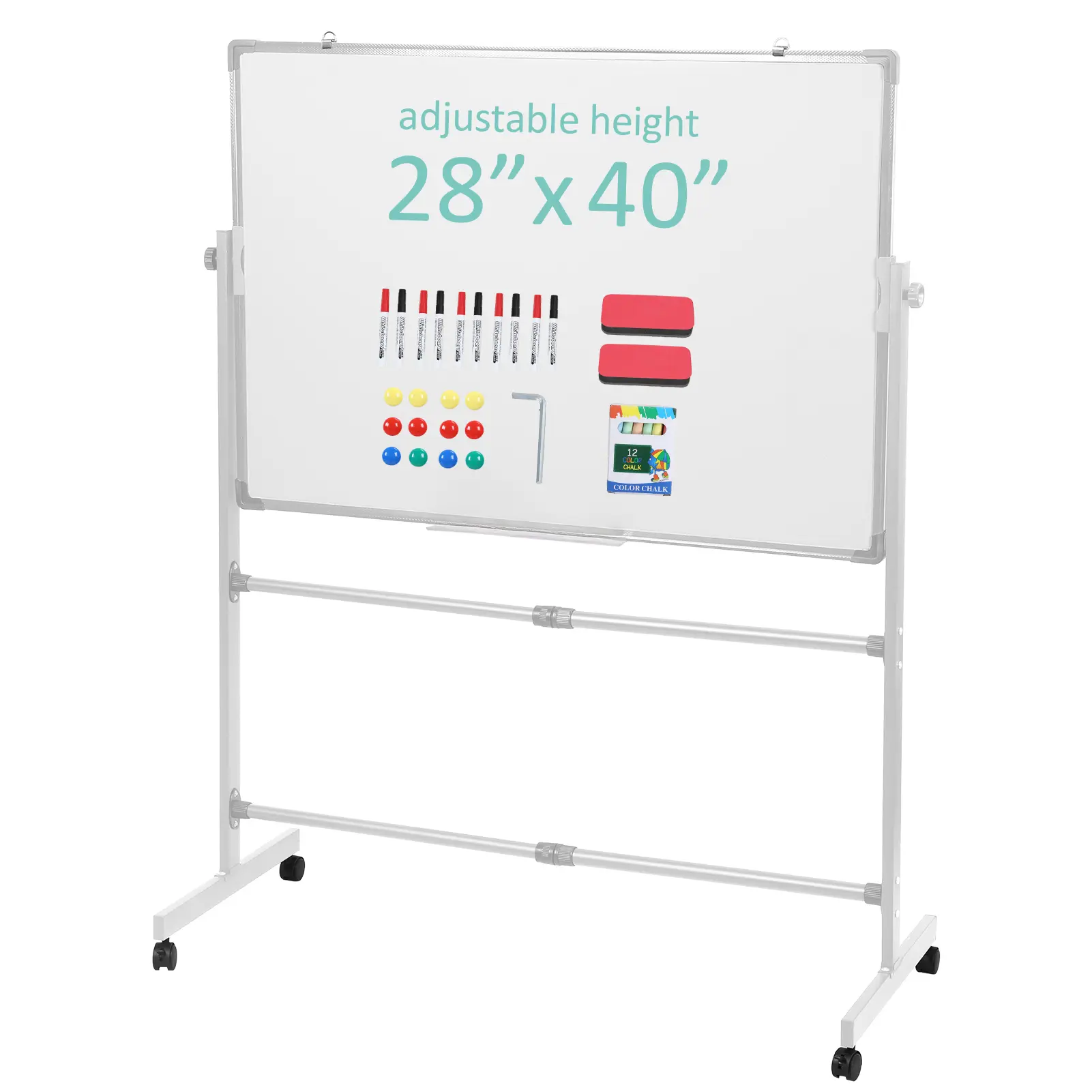 Explorinox 40x28 Inch Reversible Whiteboard/Chalkboard on Wheels, Height Adjustable, 2-in-1 Rolling Mobile Easel Board for Office, Classroom & Home