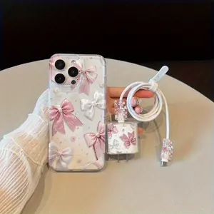5-Piece Set Transparent Cute Bow Phone Case + Charging Head Protector + Anti-Drop Cable Strap Tpu Shockproof Cover for iPhone 6/7/8/x/XR/XS/max/11/12/13/14/15 Pro Max