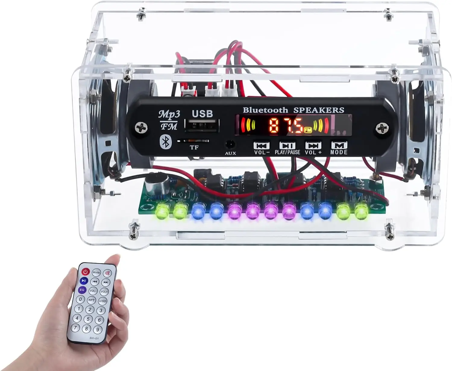 DIYSoldering Kit Bluetooth-Compatible Speaker Kit with FṂ Radio, Electronic Soldering Practice Kit USB Mini Home Sound Amplifier DIY Kit with Digital Display and Colorful LED Lights for School STEM Project Remote Control Fm