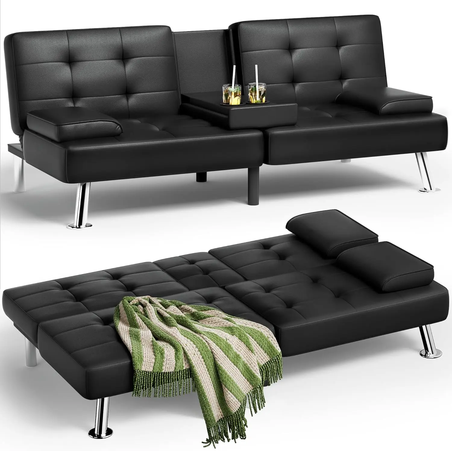 Homall Futon Sofa Bed, Leather Futon Couch with Removable Armrests, Adjustable Recliner Sleeper Sofa Bed with Dual Cup Holders for Living Room, Apartment, Office (Black), 30.7 x 65 x 28