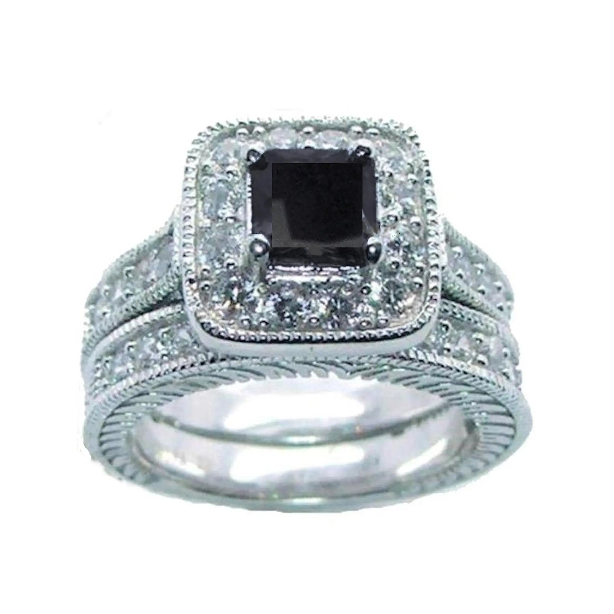 Edwin Earls Women's Black CZ Sterling Silver Rhodium Princess Engagement Ring Set, Wedding Rings for Bridal Use