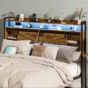 Headboard Queen Size with Storage, 3 Tier Size Headboard only with Outlets, USB Ports and LED Light Strip, Headboards with Sliding Barn Doors, Adjustable Shelf,Ideal for Bedroom/Dorm/Guest Room, (Brown, Queen (U.S. Standard))