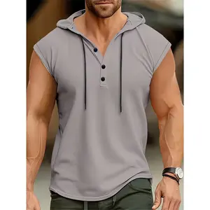 Men's Sleeveless Hooded Henley Shirt - Lightweight, Breathable Polyester |   Summer Casual & Sporty Top with Button Detail |   Machine Washable