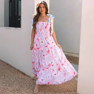 Pink Floral Print Knotted Shoulder Smocked Maxi Dress